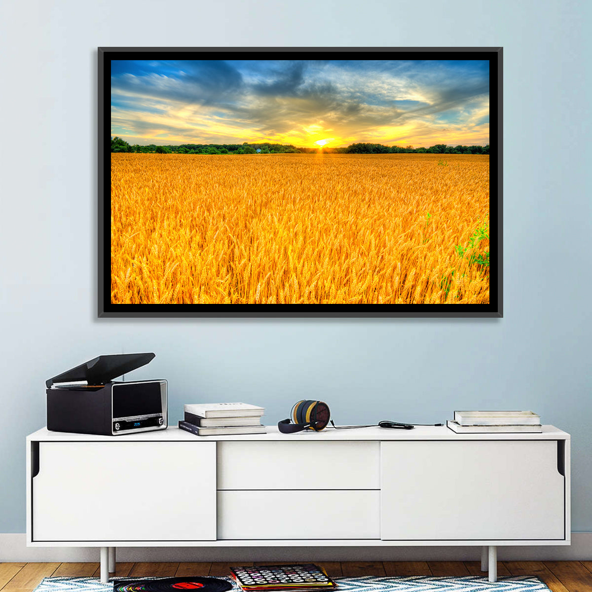 Wheat Field Sunset Wall Art in a room, landscape