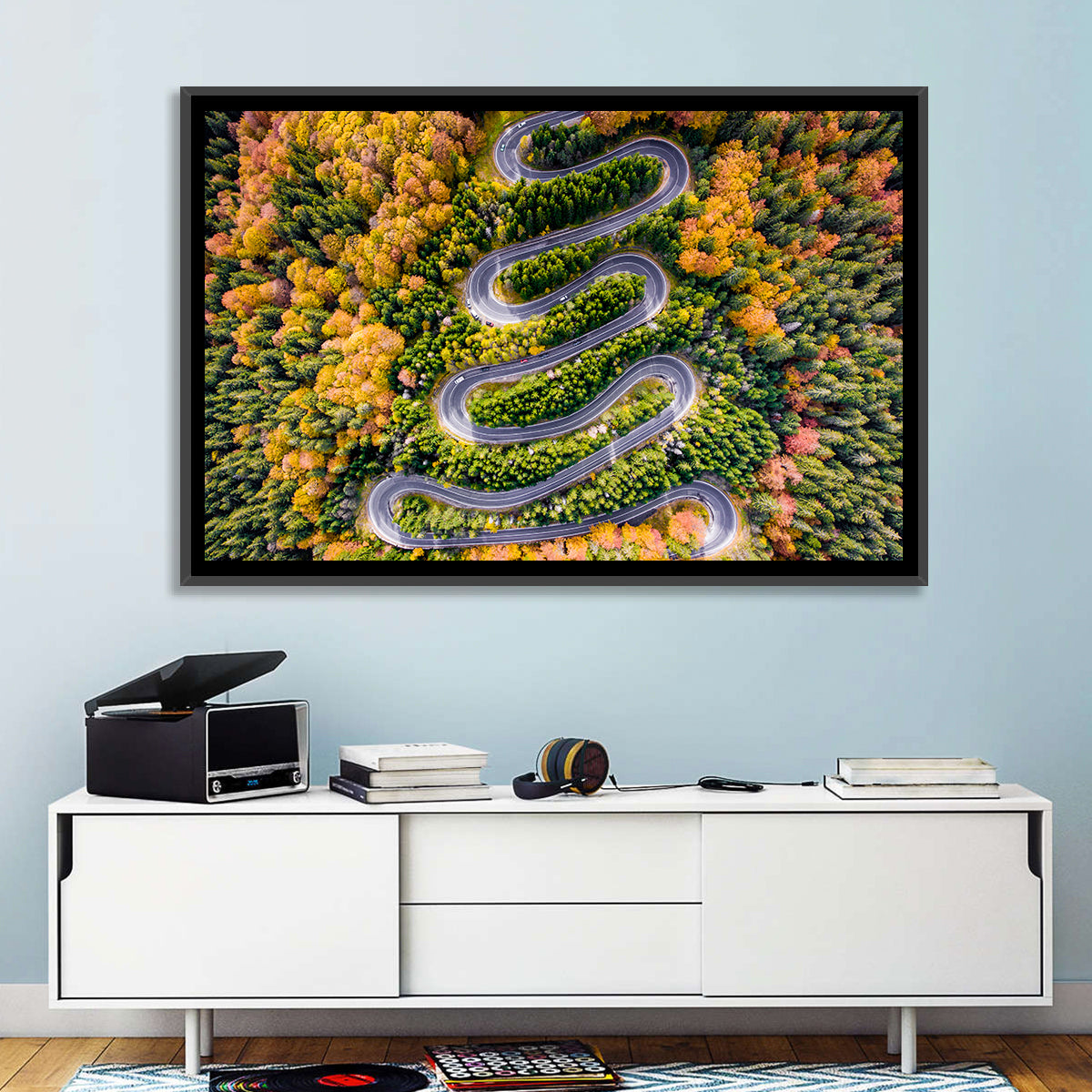 Autumn Winding Forest Road Wall Art in a room, landscape