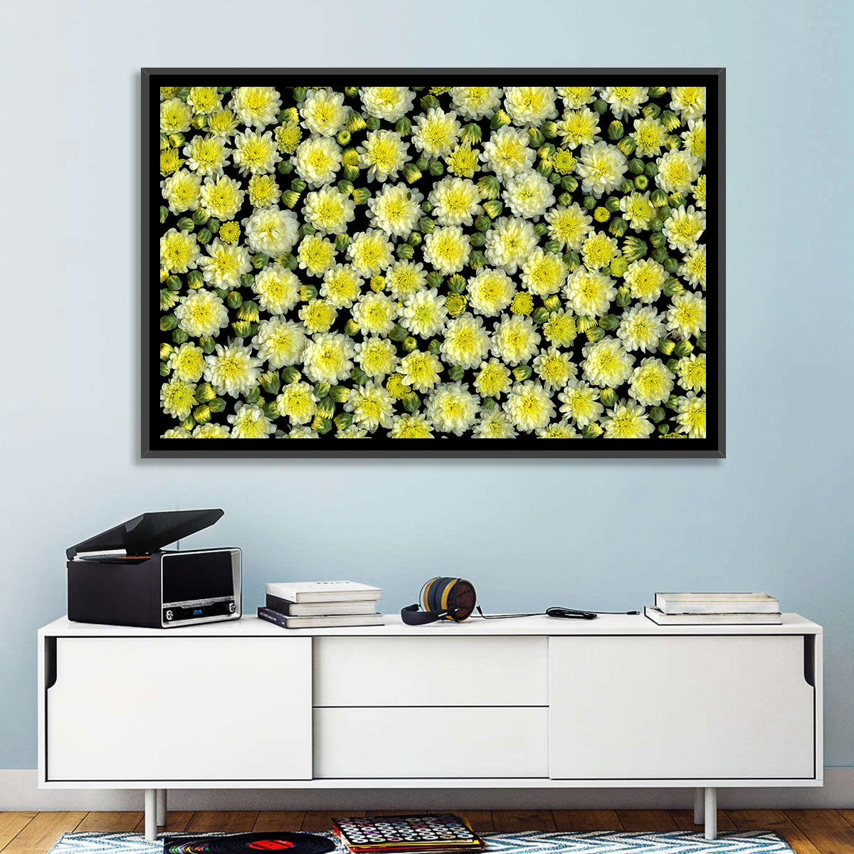Yellow Chrysanthemum Bloom Pattern Wall Art in a room, landscape