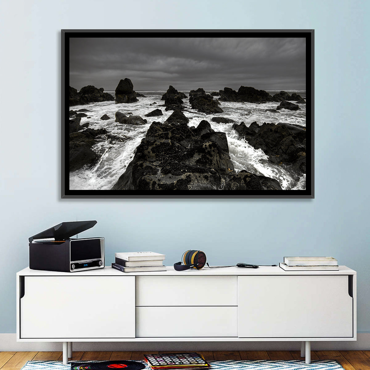 Moody Black and White Rocky Coast Waves Wall Art in a room, landscape