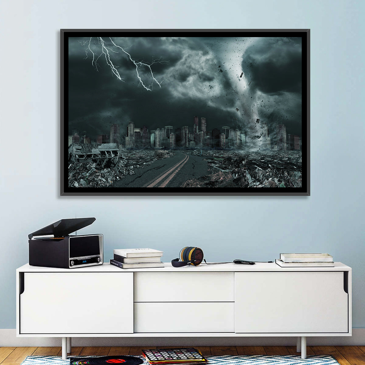Tornado Over Destroyed City Skyline Wall Art in a room, landscape