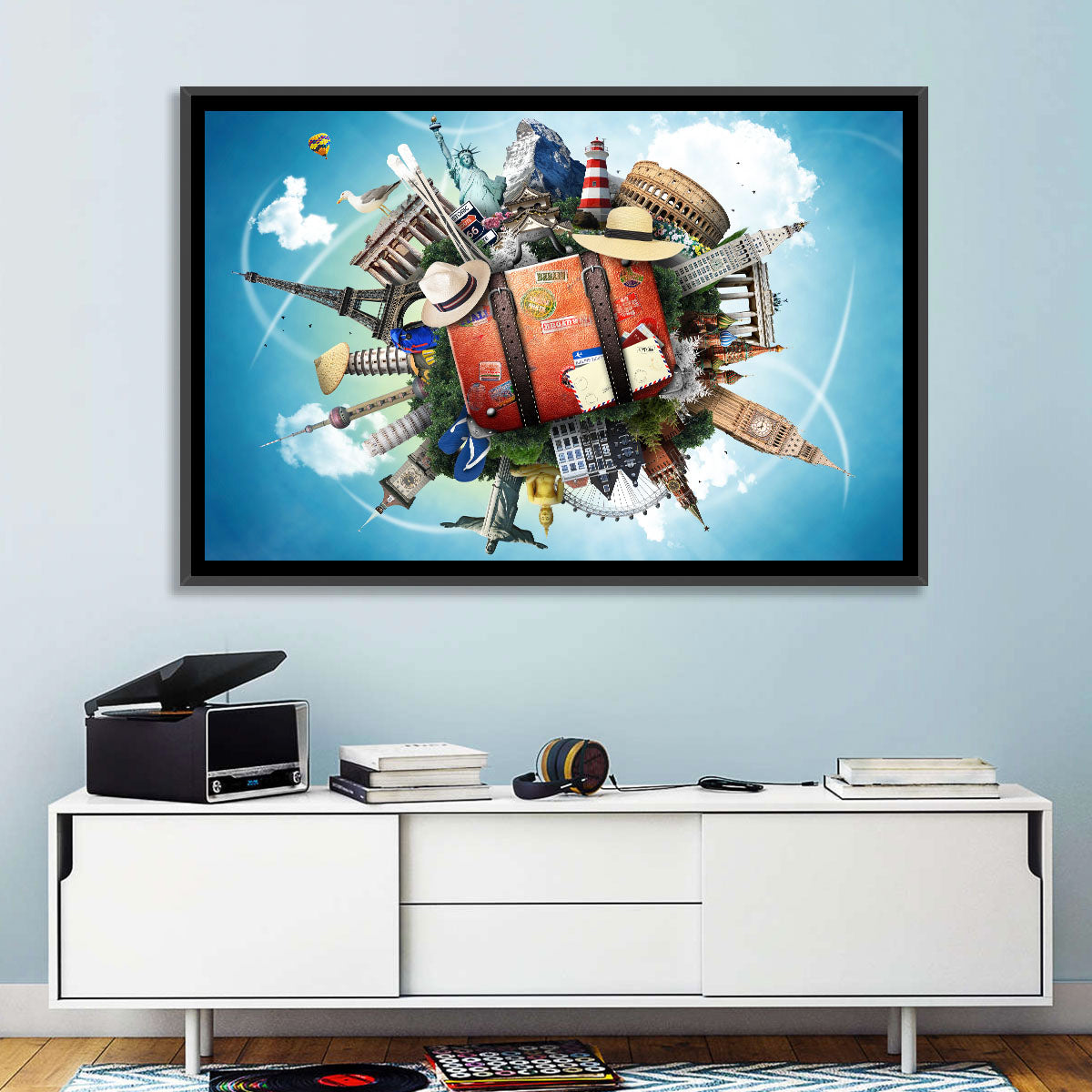 Suitcase and World Landmarks Montage Wall Art in a room, landscape