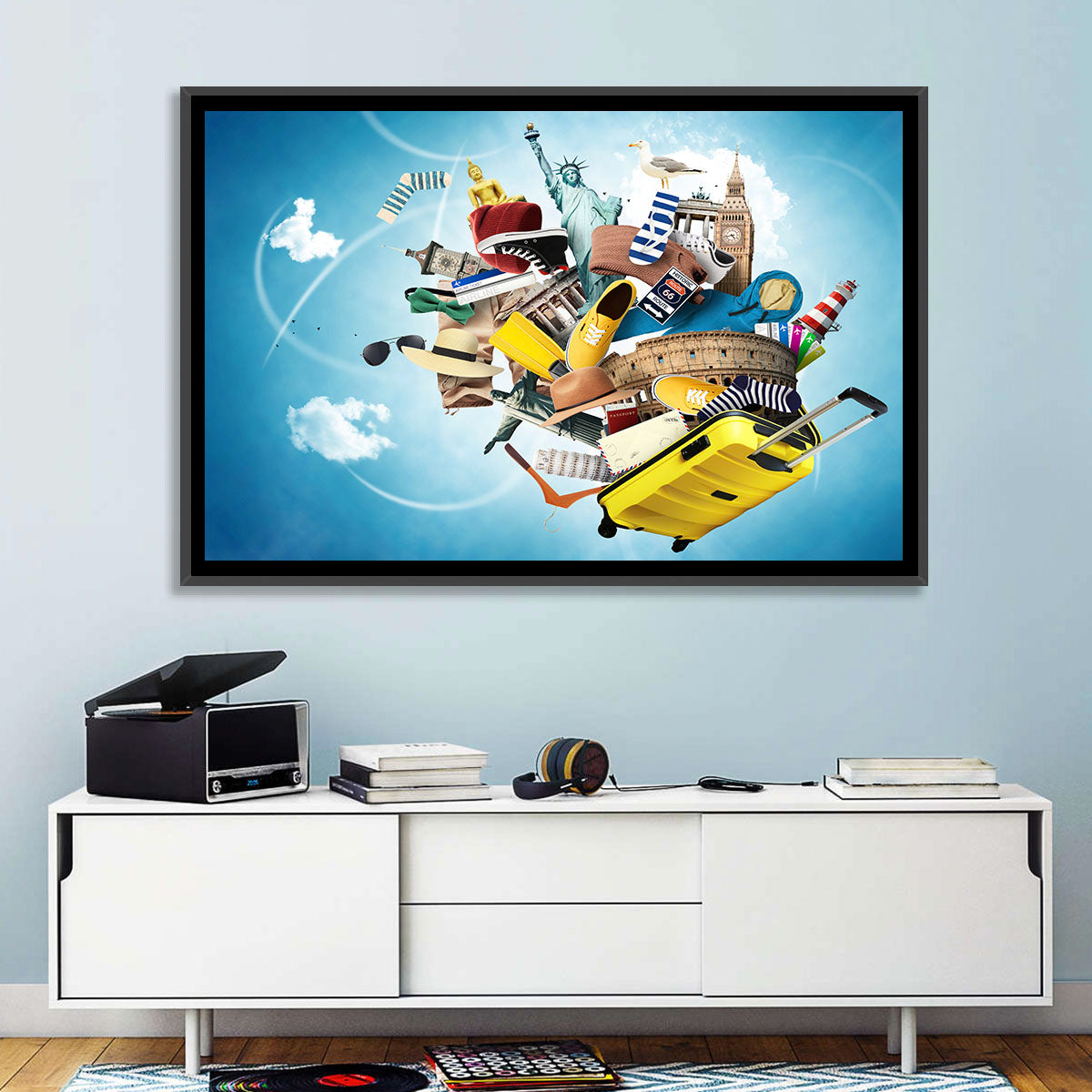 Floating Landmarks with Yellow Suitcase Wall Art in a room, landscape