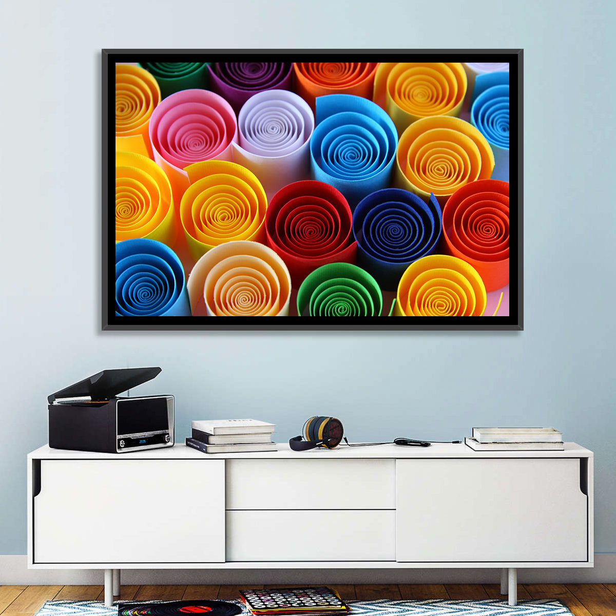 Quilled Color Spirals Wall Art in a room, landscape