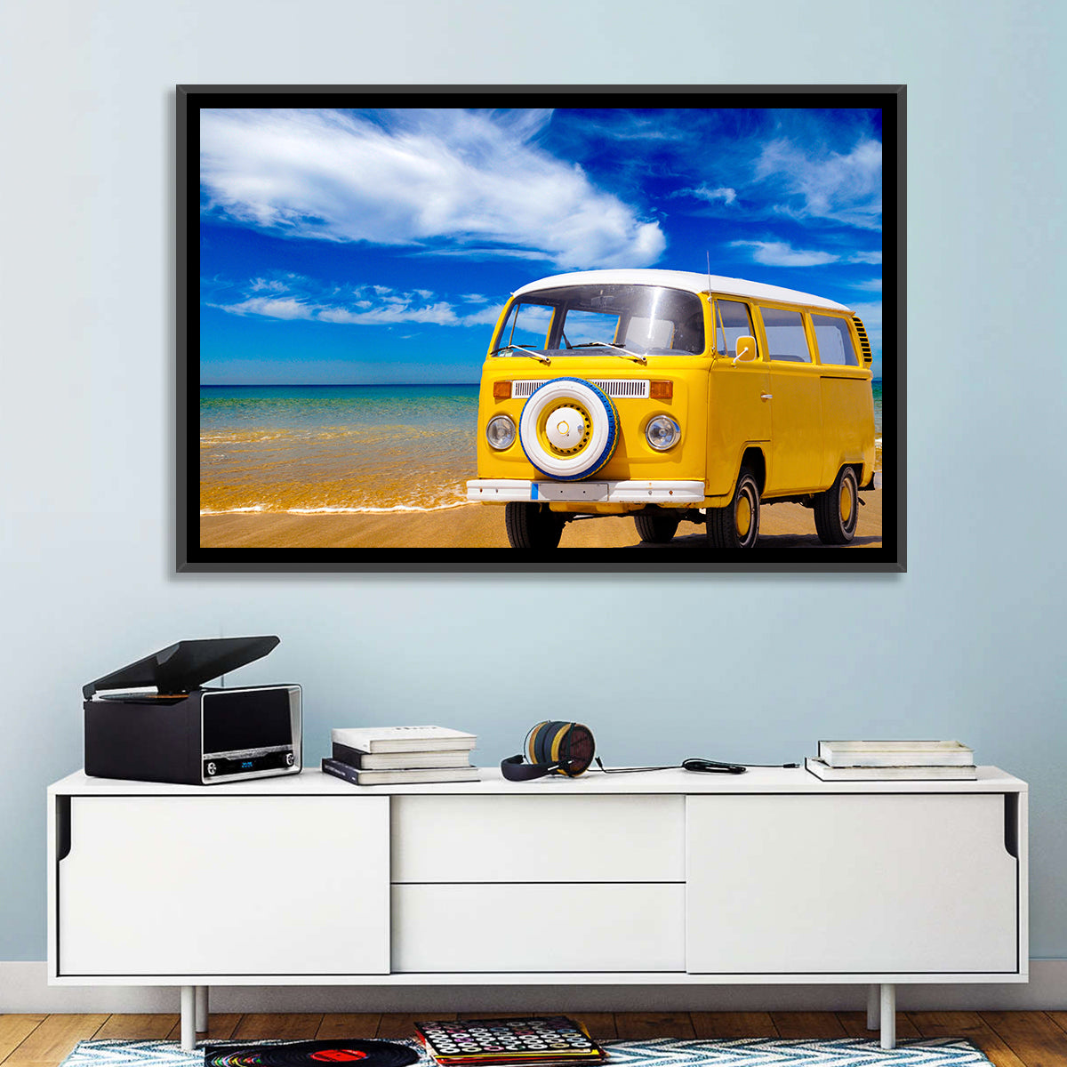 Yellow Vintage Van on Beach Wall Art