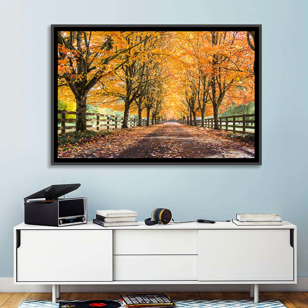Maple Lane in Autumn Wall Art in a room, landscape