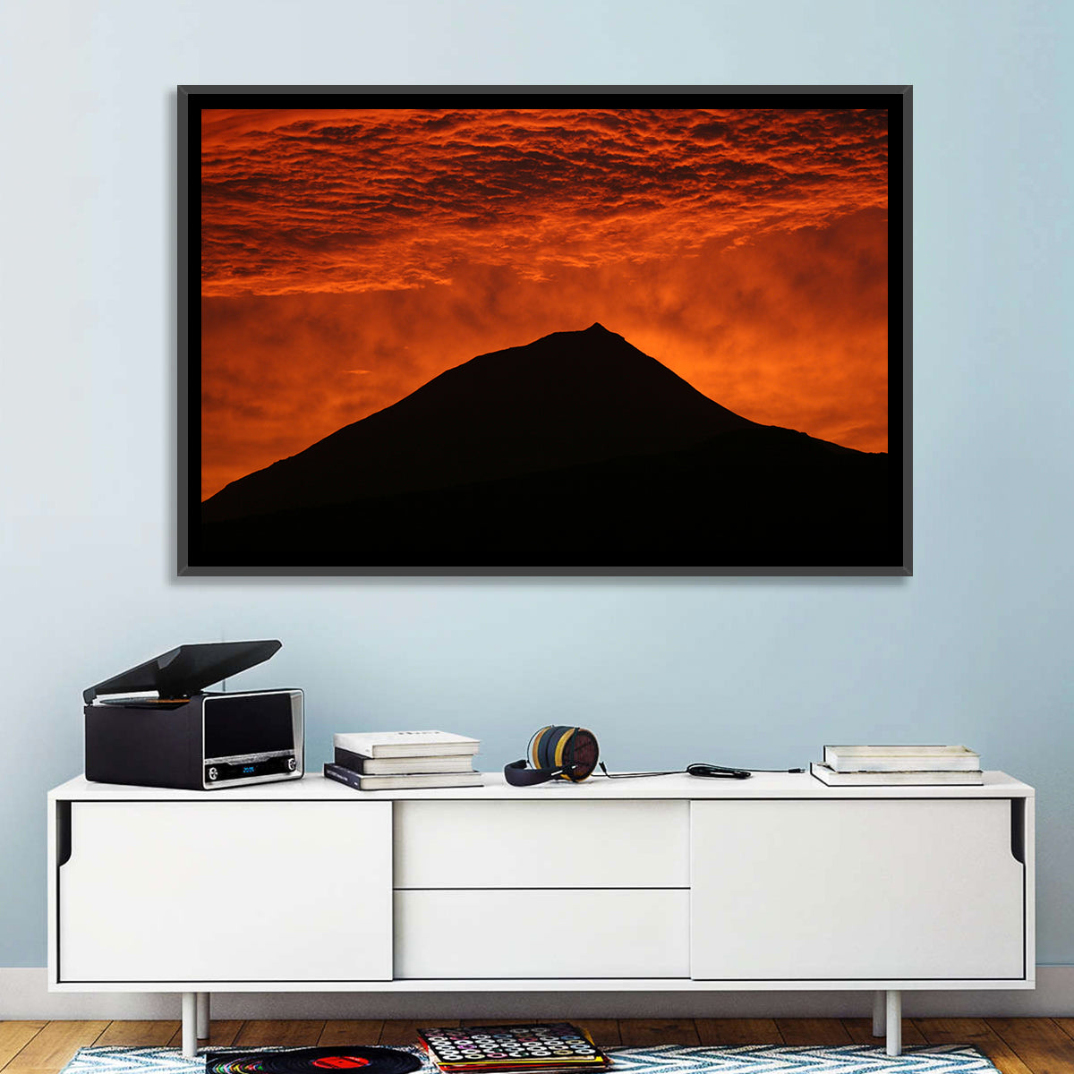 Pico Island Volcano Silhouette at Sunset Wall Art in a room, landscape