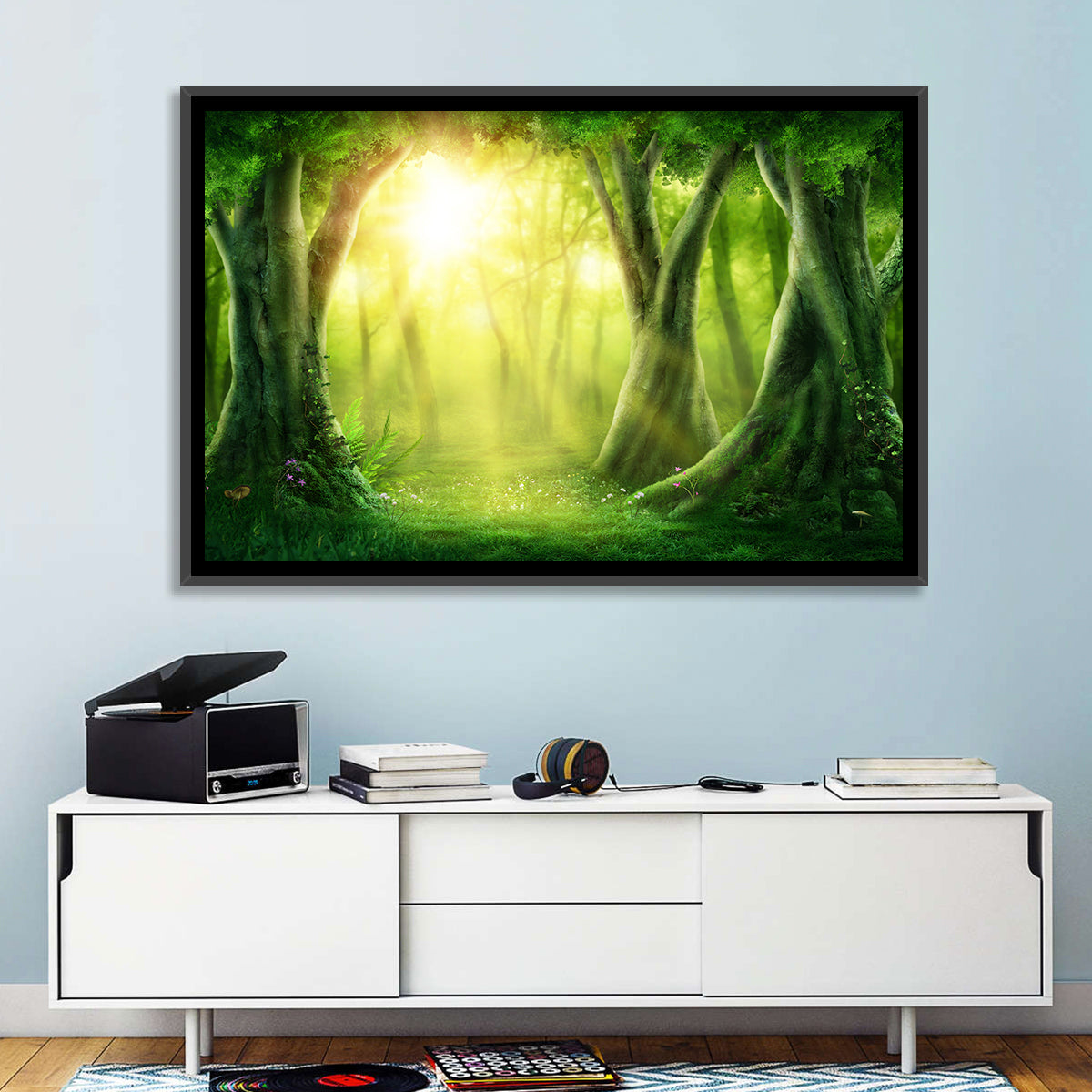 Enchanted Forest at Sunrise Wall Art in a room, landscape