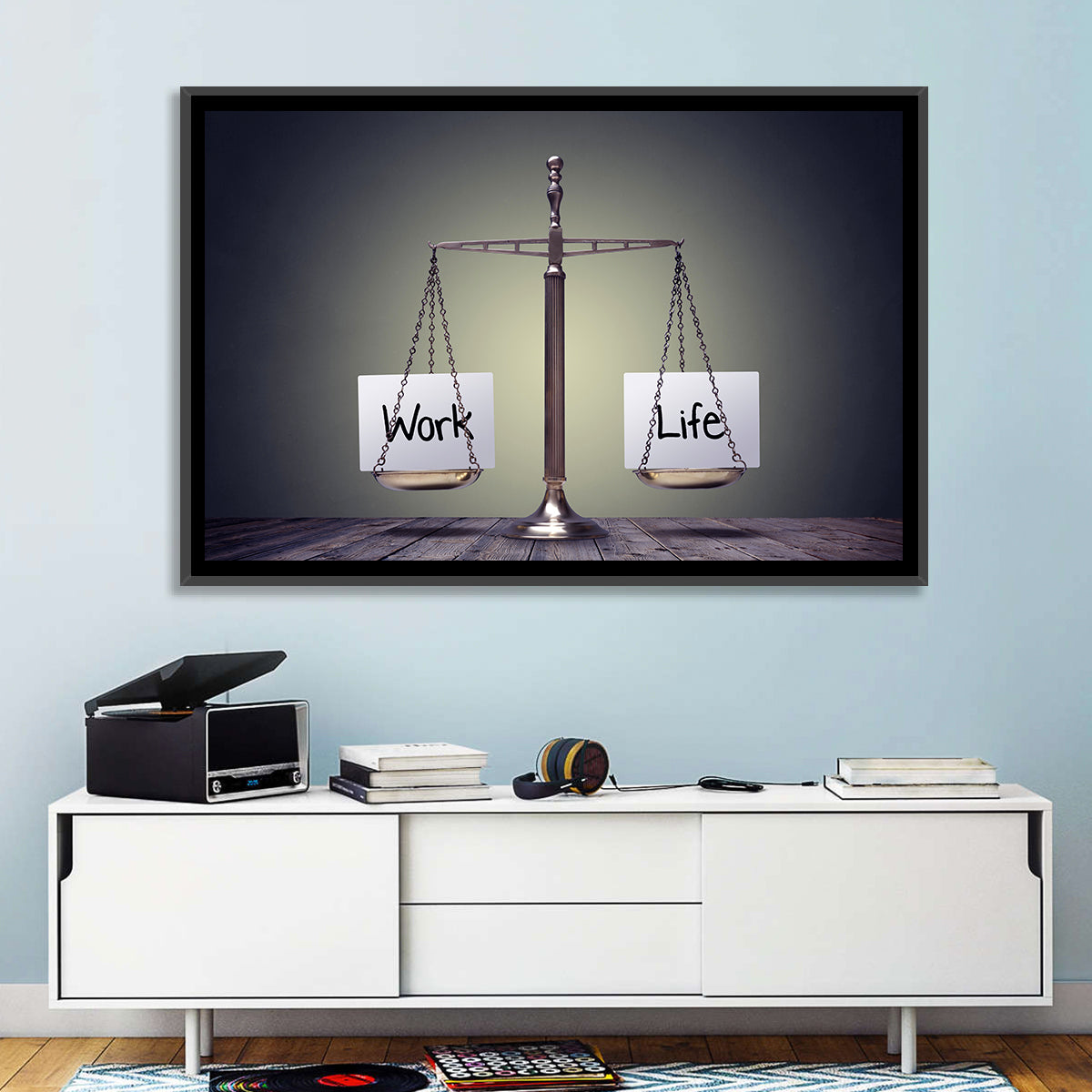 Metallic Scale: Work and Life Wall Art in a room, landscape