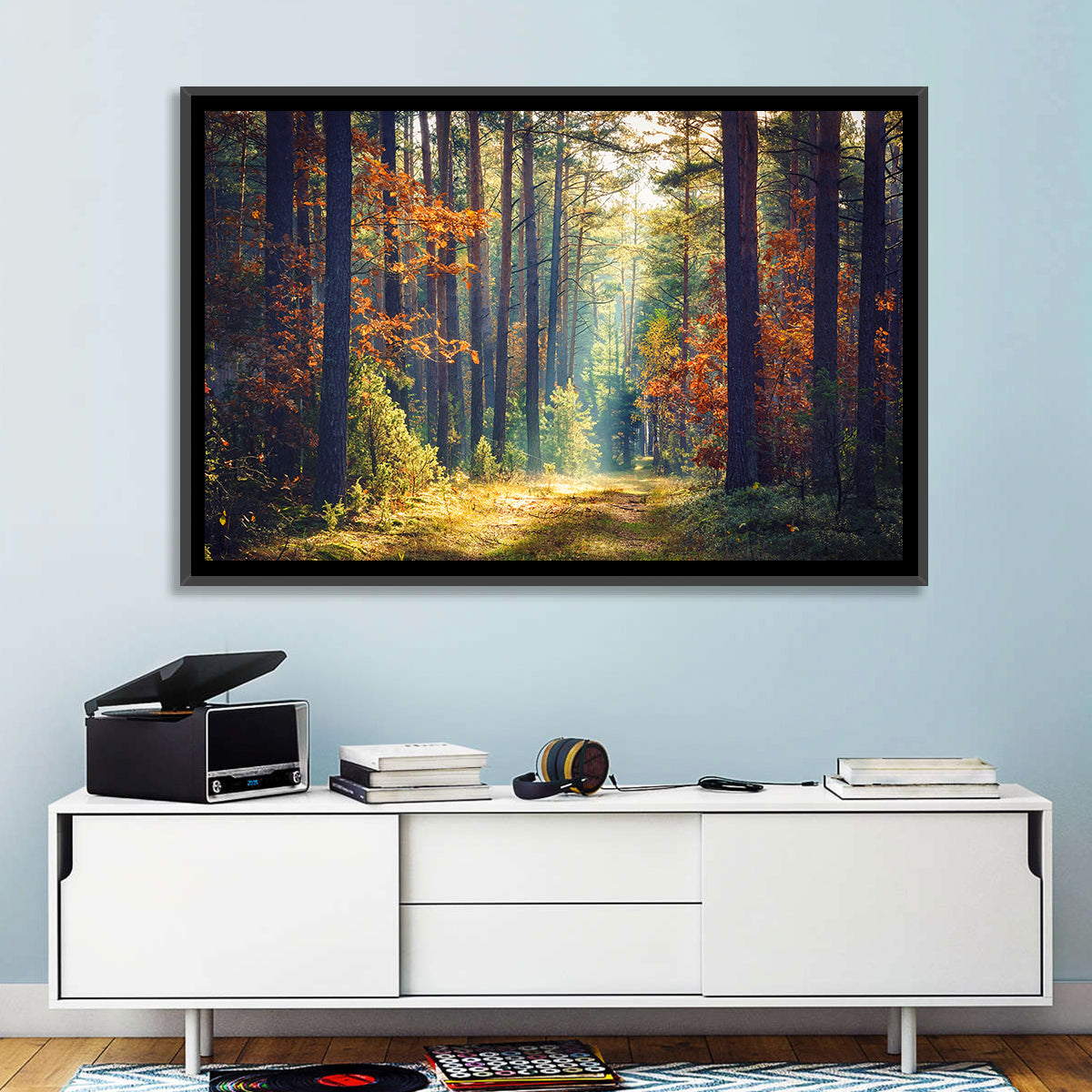 Sunlit Autumn Pine Forest Wall Art in a room, landscape