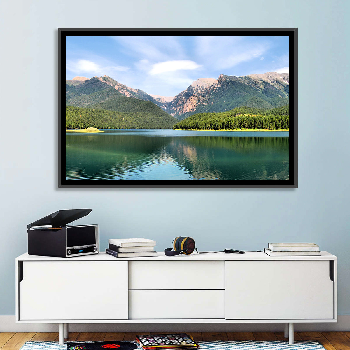 Mission Mountain Lake Reflection Wall Art in a room, landscape