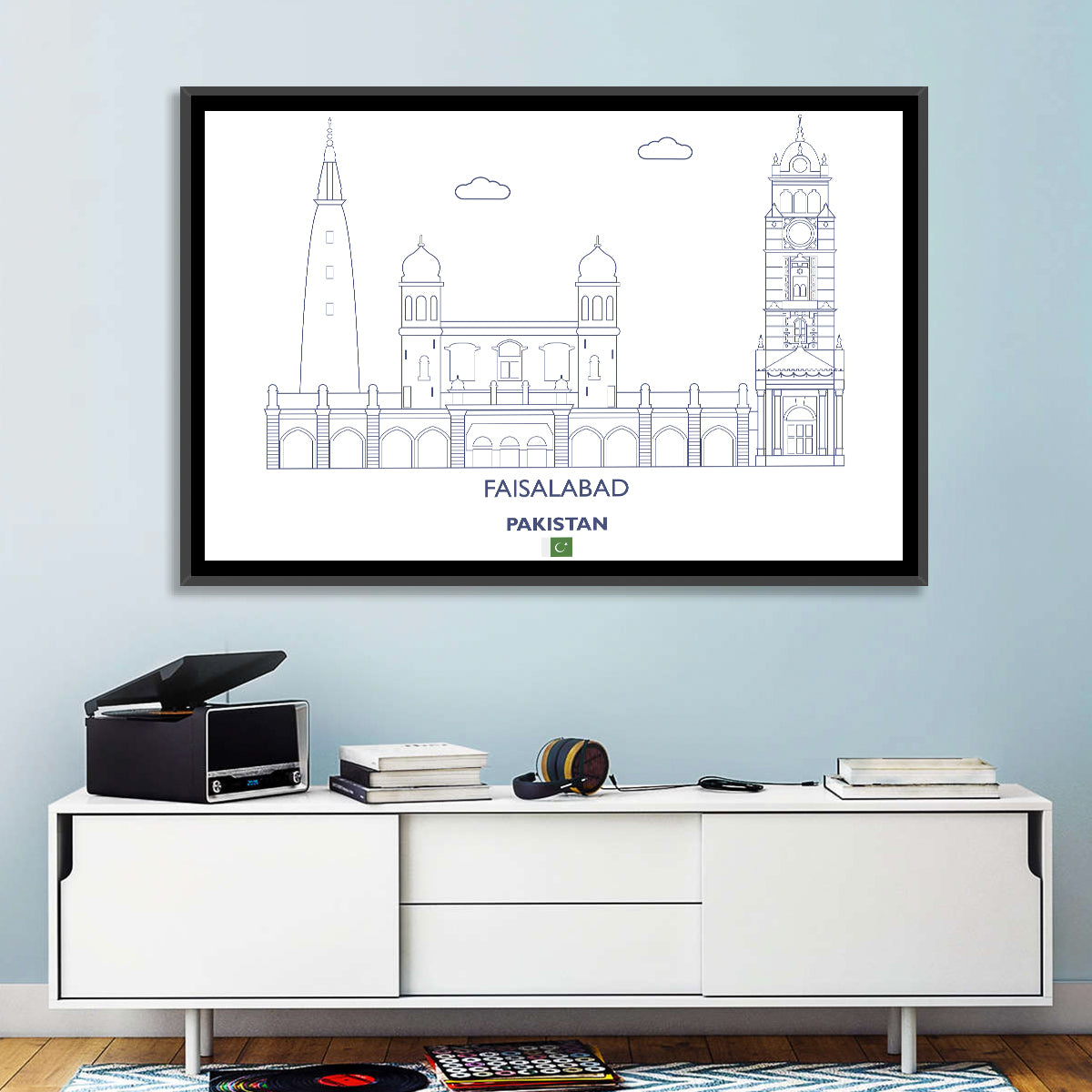 Faisalabad Clock Tower Skyline Wall Art in a room, landscape