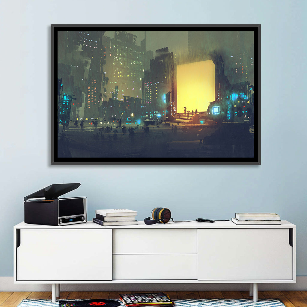Rainy Night City with Glowing Portal Wall Art