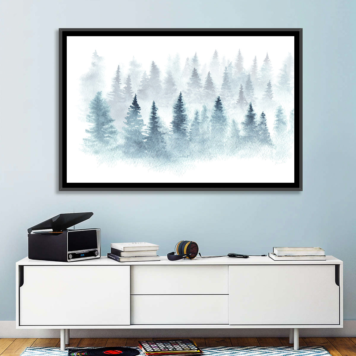 Misty Pine Forest Watercolor Wall Art in a room, landscape