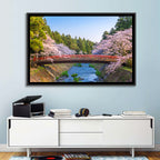 Arched Red Bridge with Cherry Blossoms Wall Art