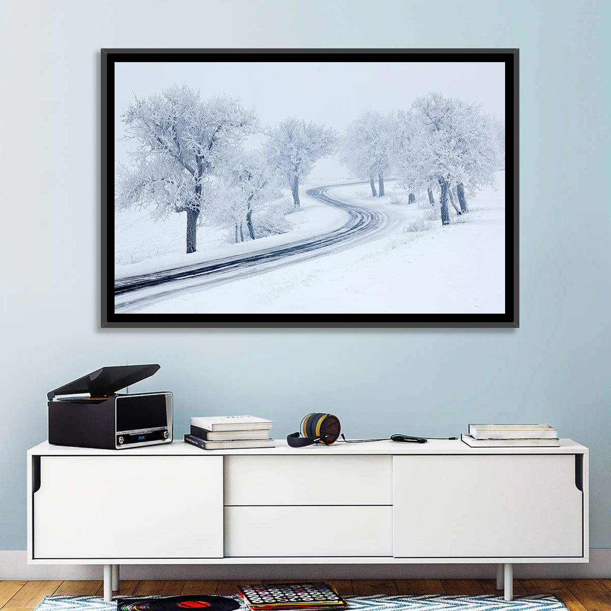Misty Winter S-curve Road Wall Art in a room, landscape