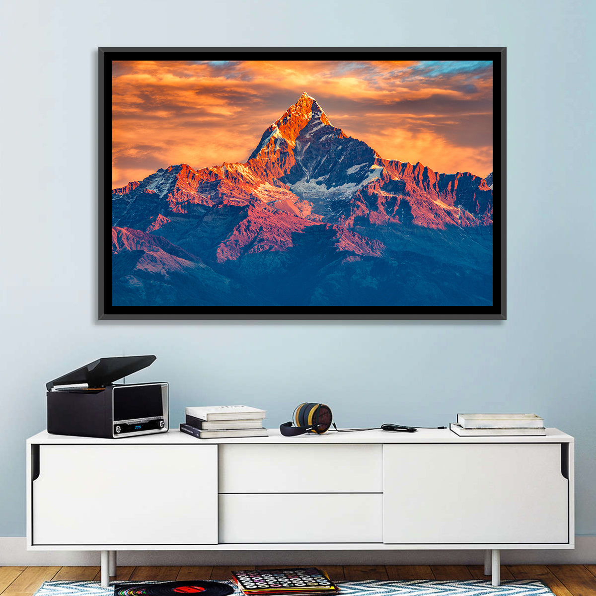 Machhapuchhre Sunrise Over Pokhara Wall Art in a room, landscape