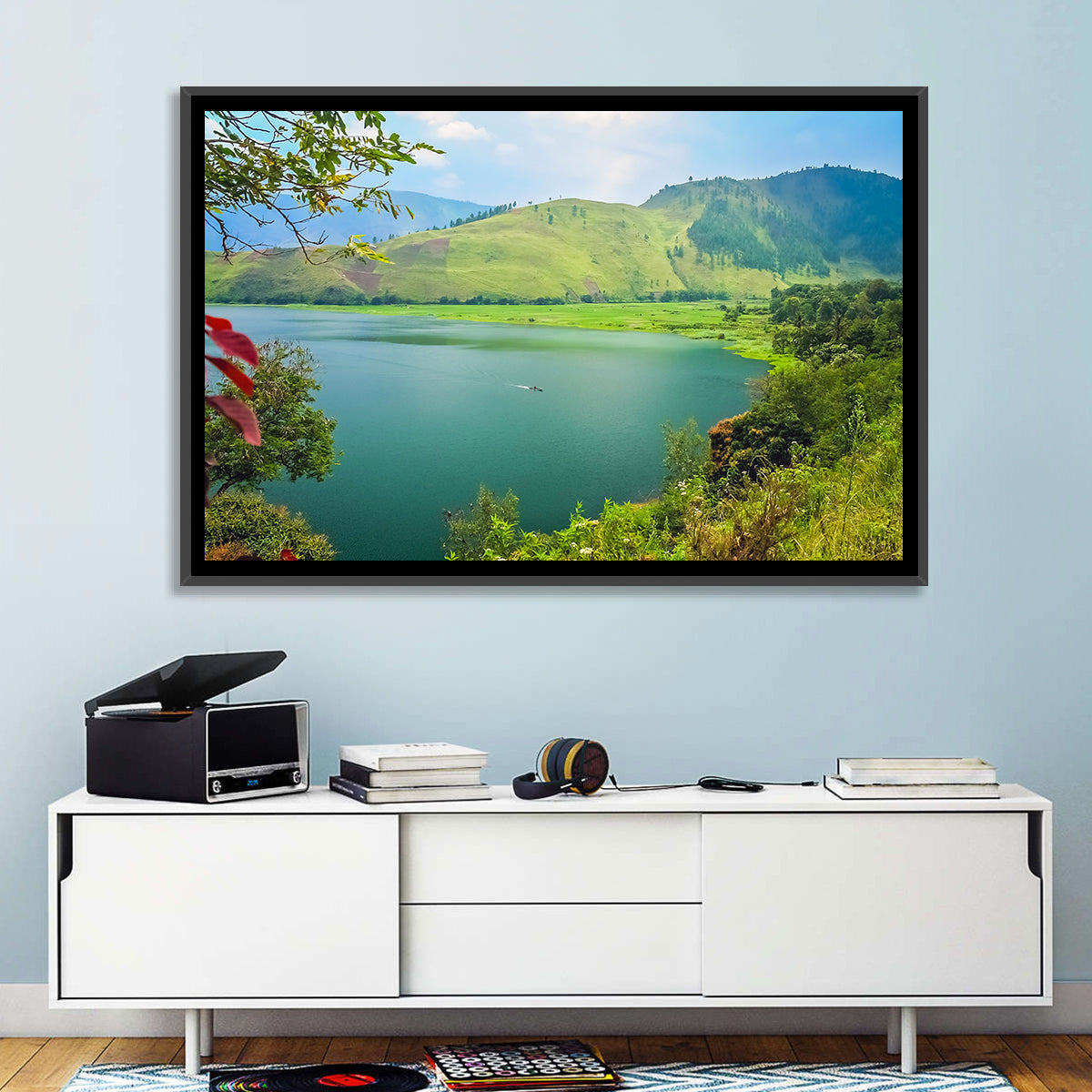 Lake Toba Boat and Hills Wall Art in a room, landscape