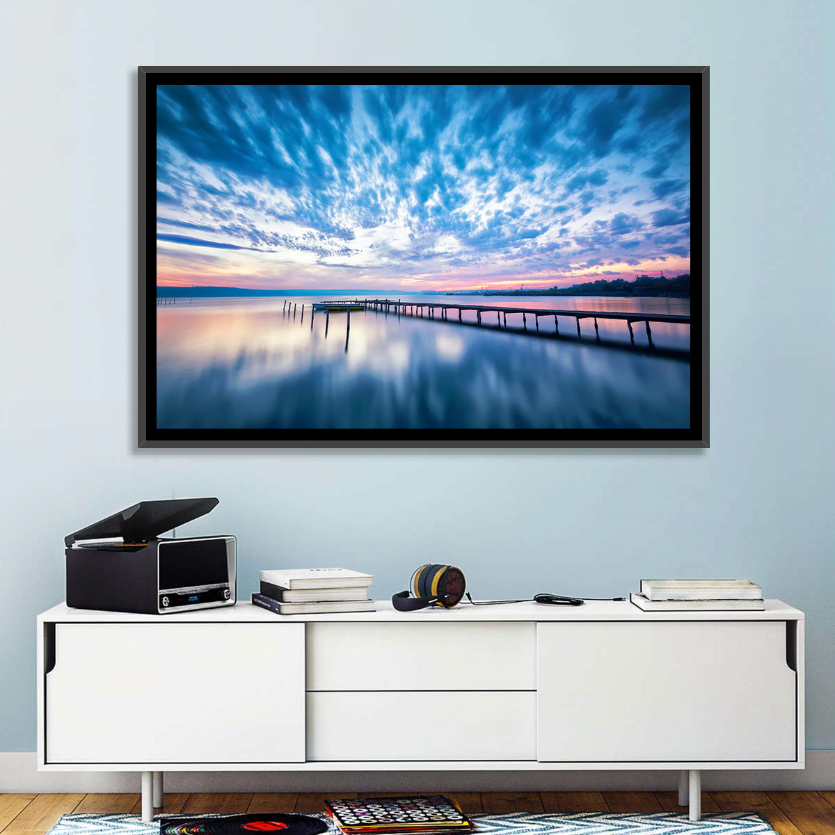Cloudy Lake Pier at Dusk Wall Art in a room, landscape
