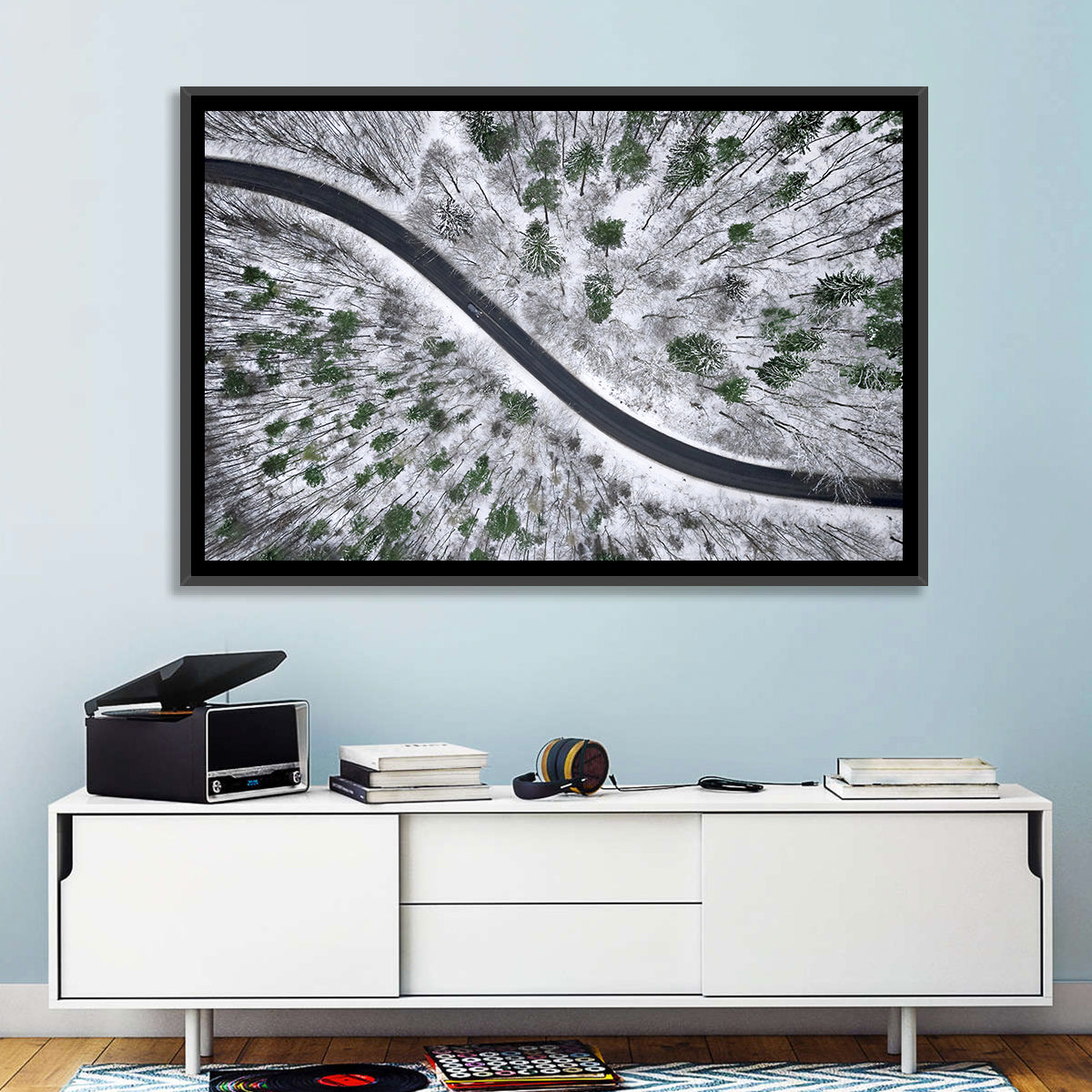 Snowy Forest Road Wall Art in a room, landscape