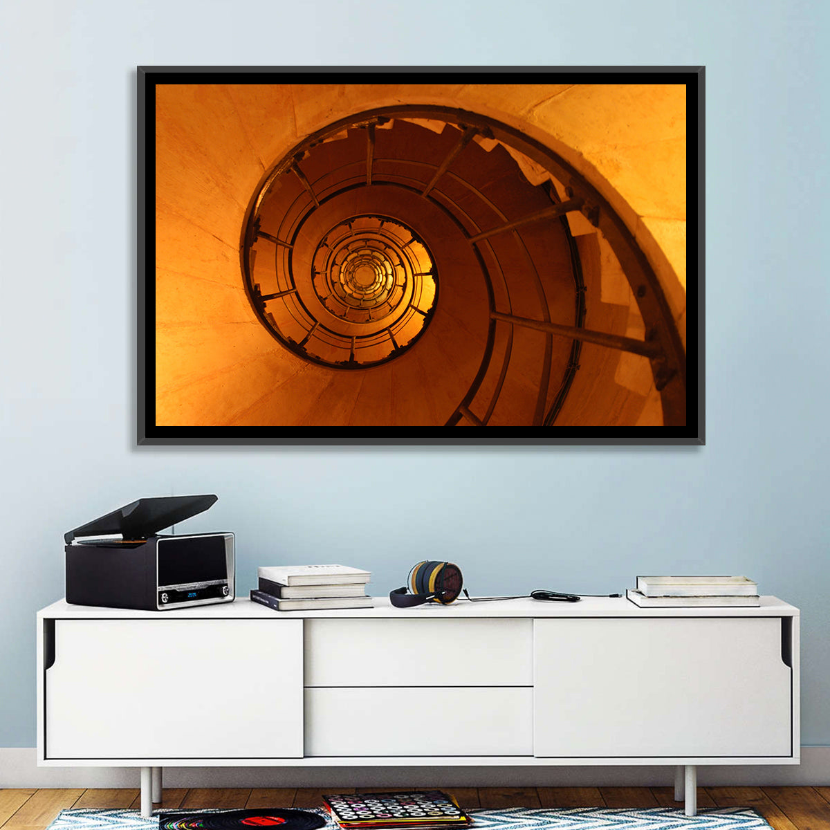 Vortex Spiral Staircase Wall Art in a room, landscape