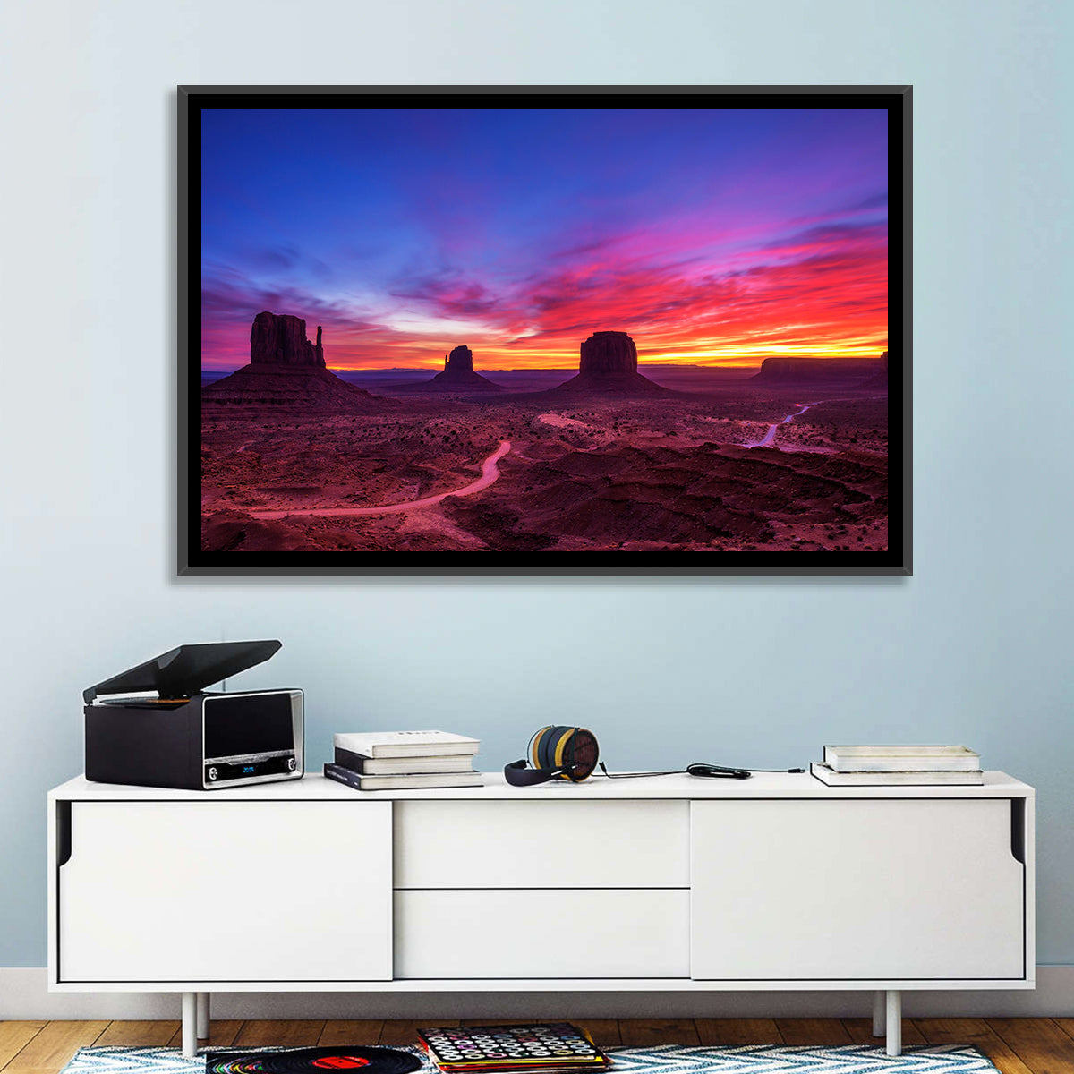 Monument Valley Arizona Sunset Wall Art in a room, landscape