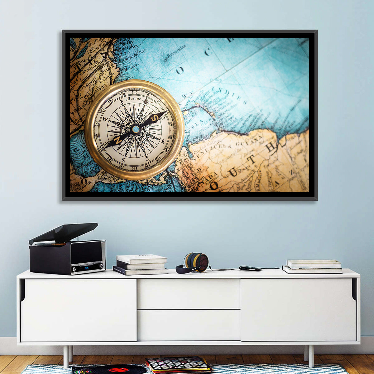 Vintage Compass Over Atlantic Map Wall Art