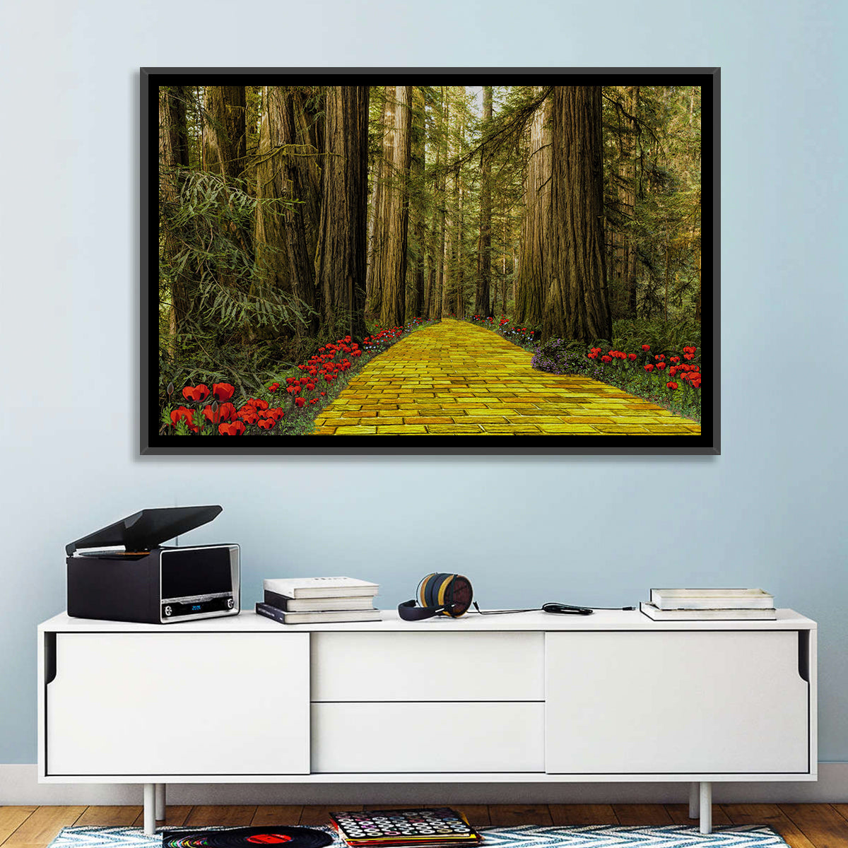 Yellow Brick Path Through Redwoods Wall Art in a room, landscape
