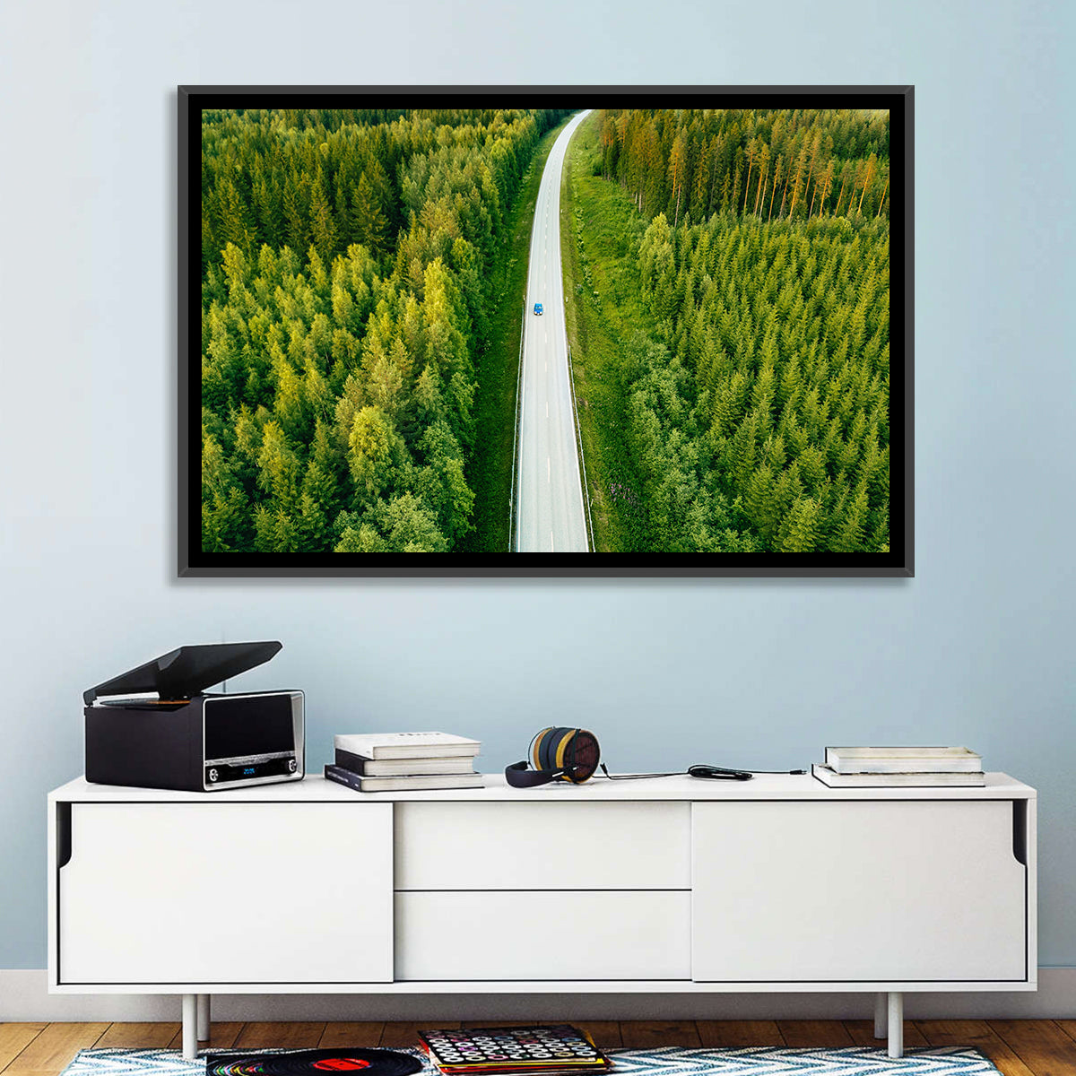 Blue Car on Forest Road Wall Art