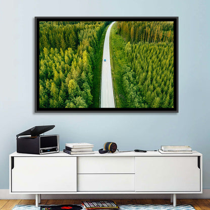 Blue Car on Forest Road Wall Art