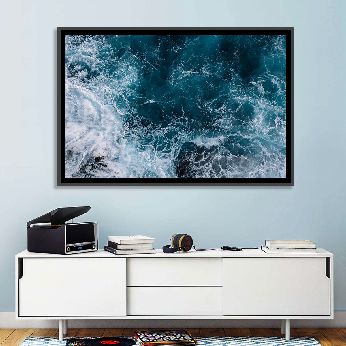 Aerial Swirling Ocean Waves Wall Art in a room, landscape