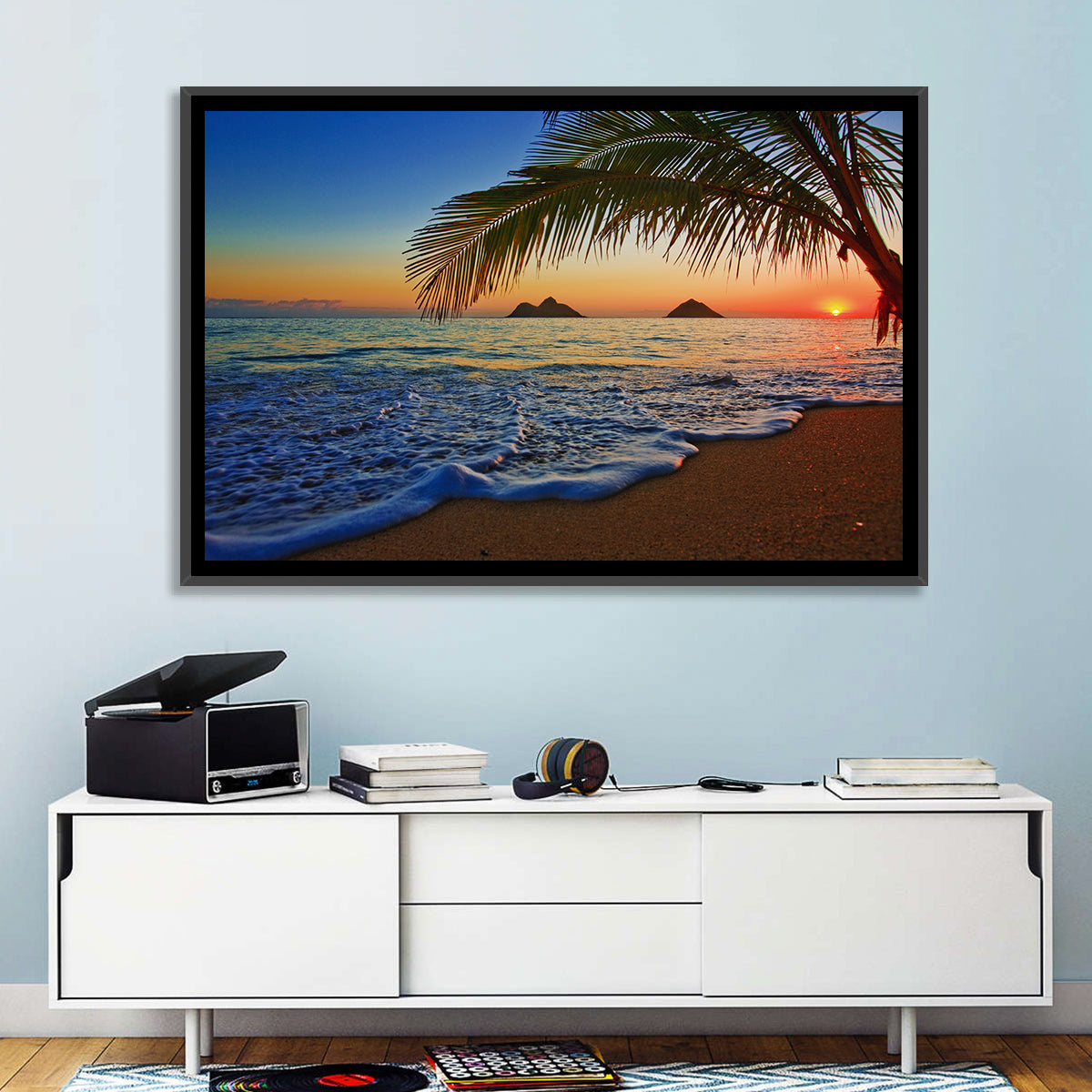 Lanikai Sunset Over Mokulua Islands Wall Art in a room, landscape