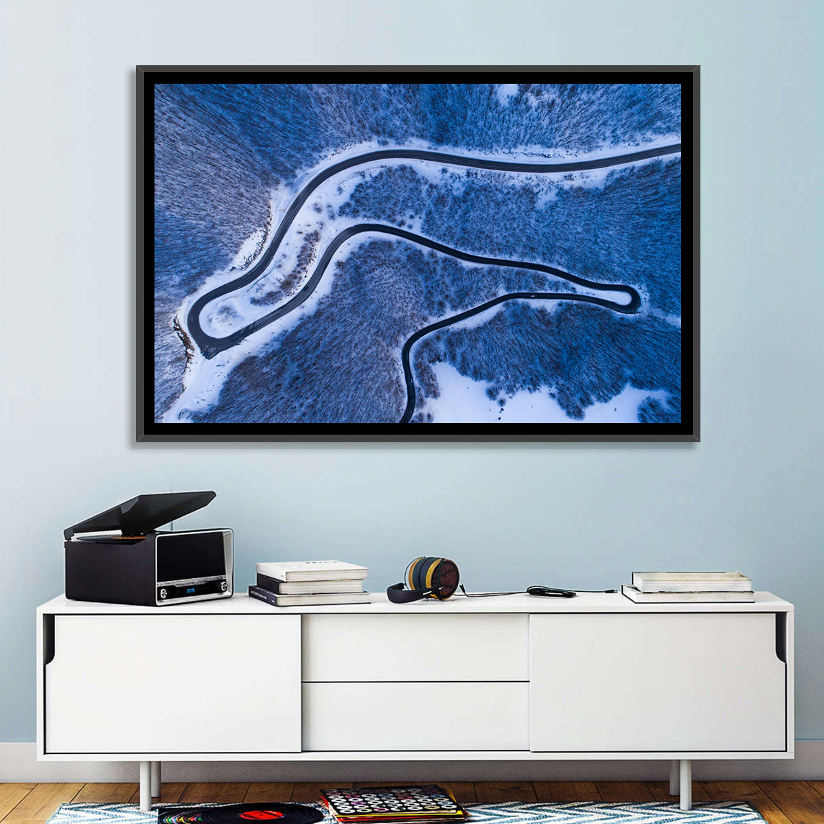 Montenegro Snowy Mountain Road Wall Art in a room, landscape