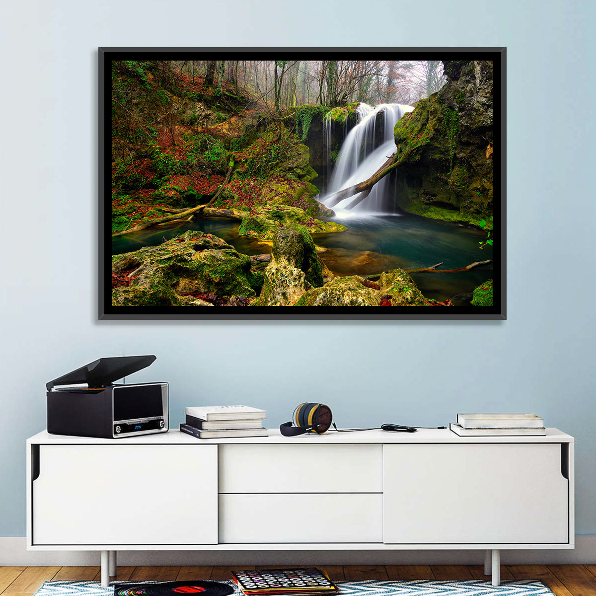 Cheile Nerei Mossy Waterfall Wall Art in a room, landscape