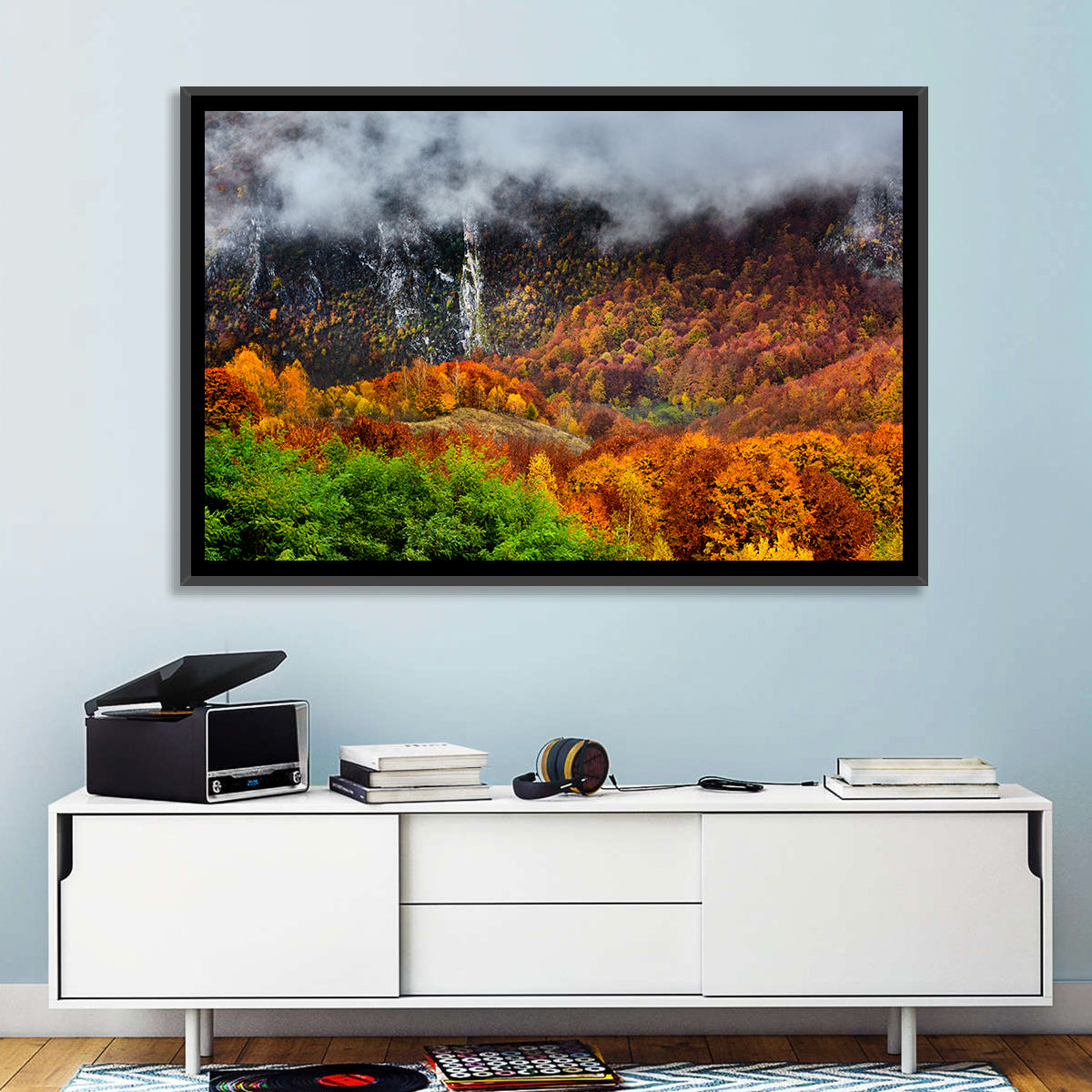 Misty Carpathian Autumn Wall Art in a room, landscape