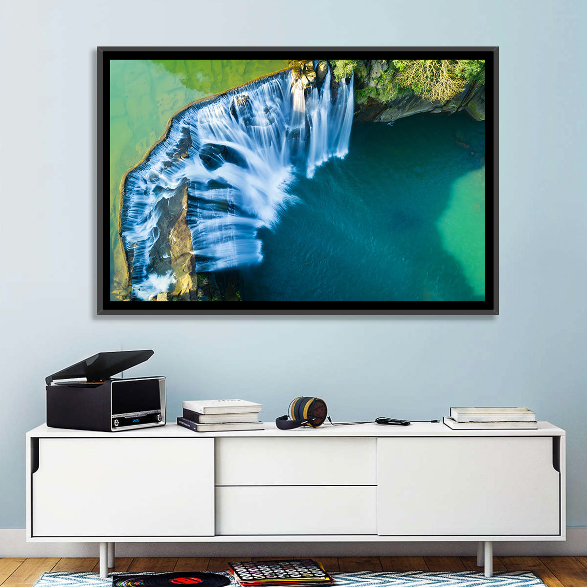 Shifen Waterfall Aerial Wall Art in a room, landscape