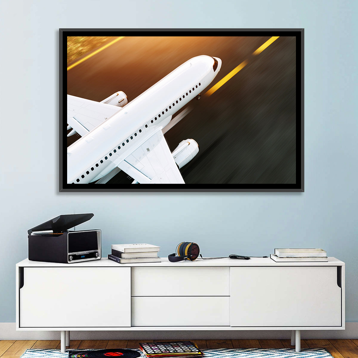 Commercial Jet Takeoff at Sunset Wall Art in a room, landscape