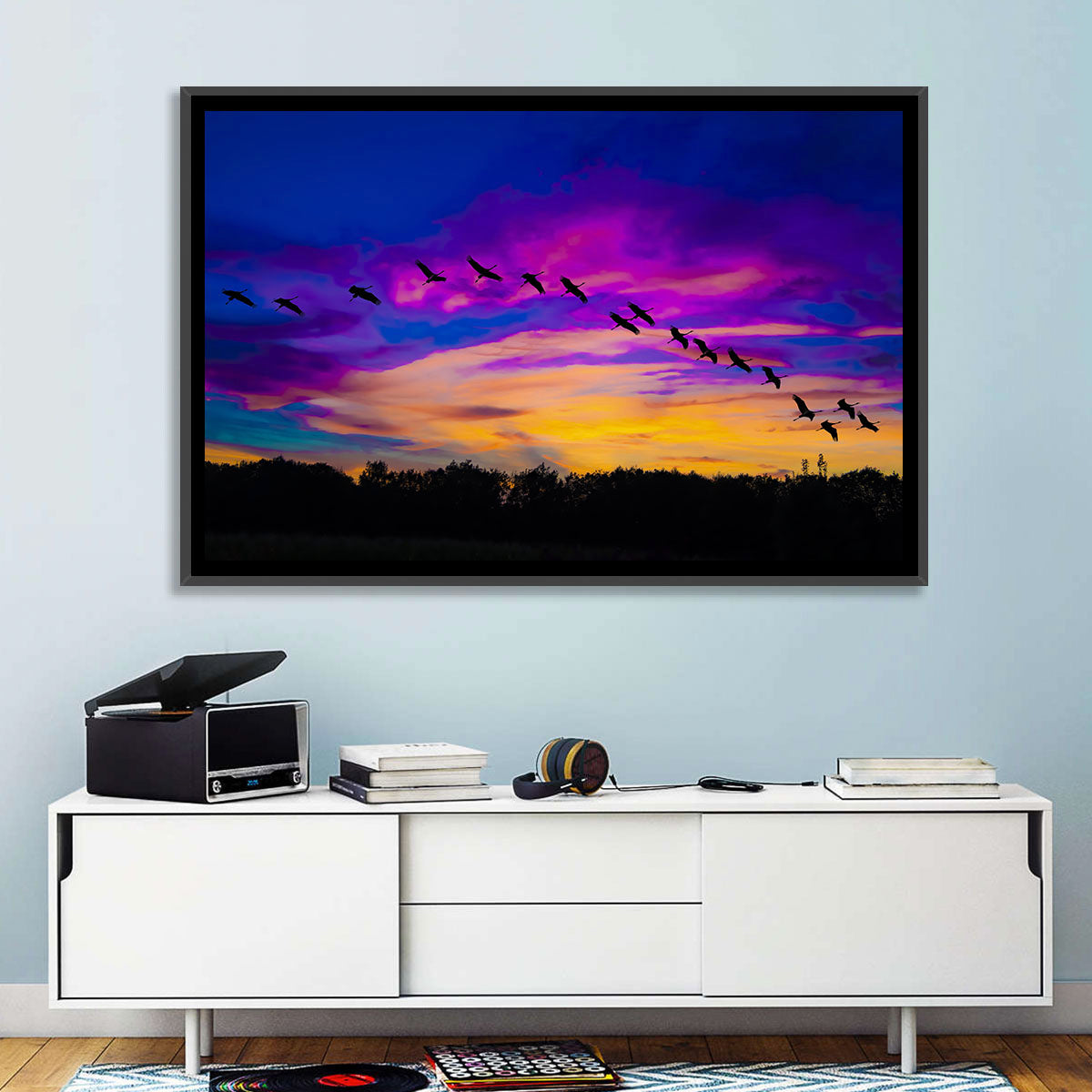 Silhouetted Cranes at Dusk Wall Art