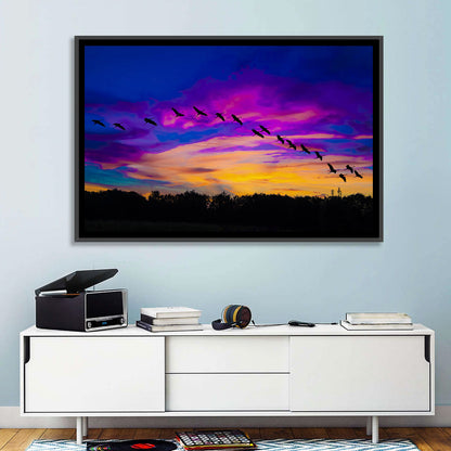 Silhouetted Cranes at Dusk Wall Art