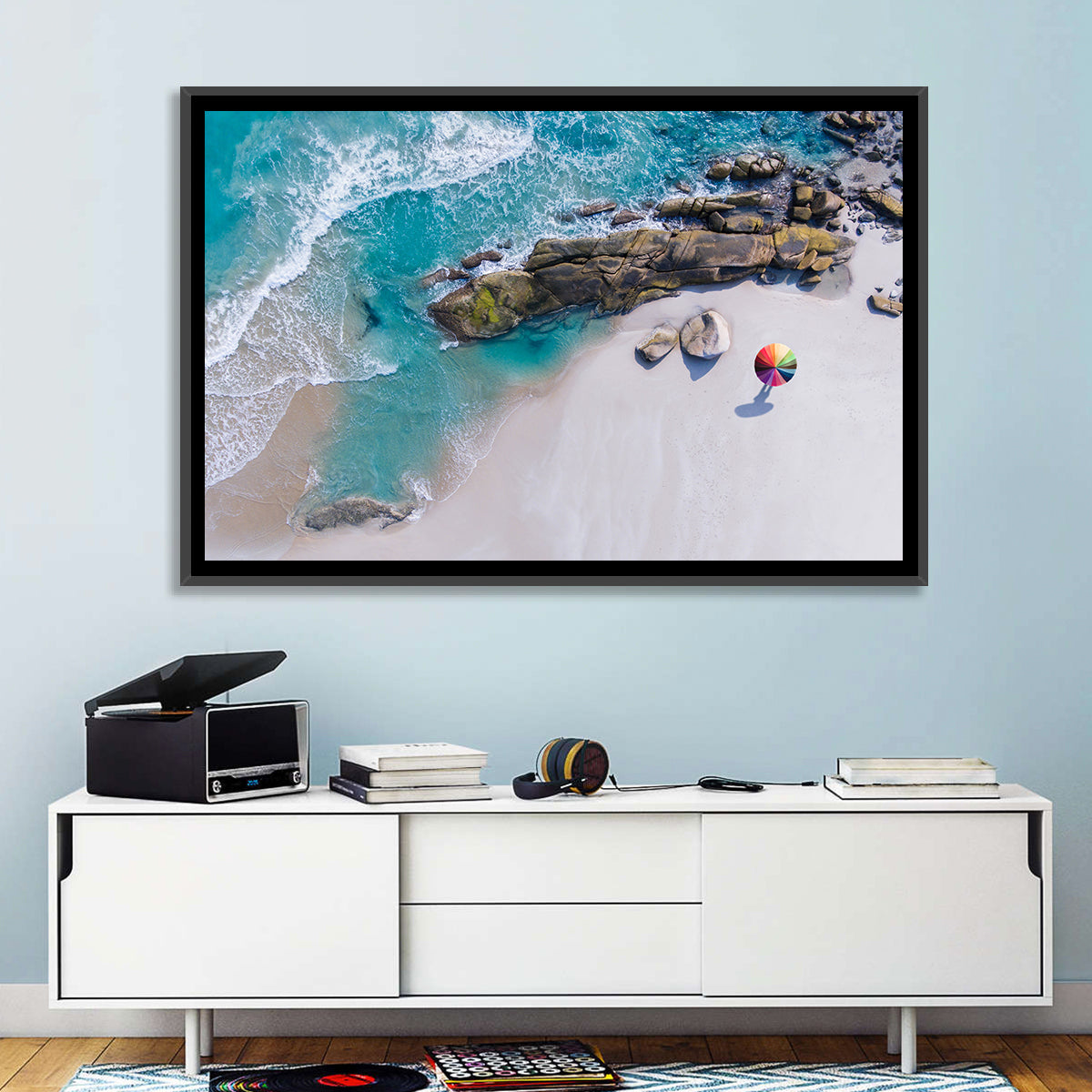Aerial Beach with Rainbow Umbrella Wall Art