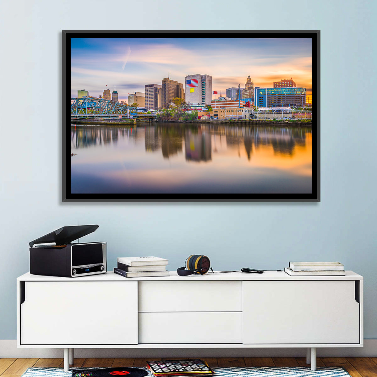 Providence Skyline at Golden Hour Wall Art in a room, landscape