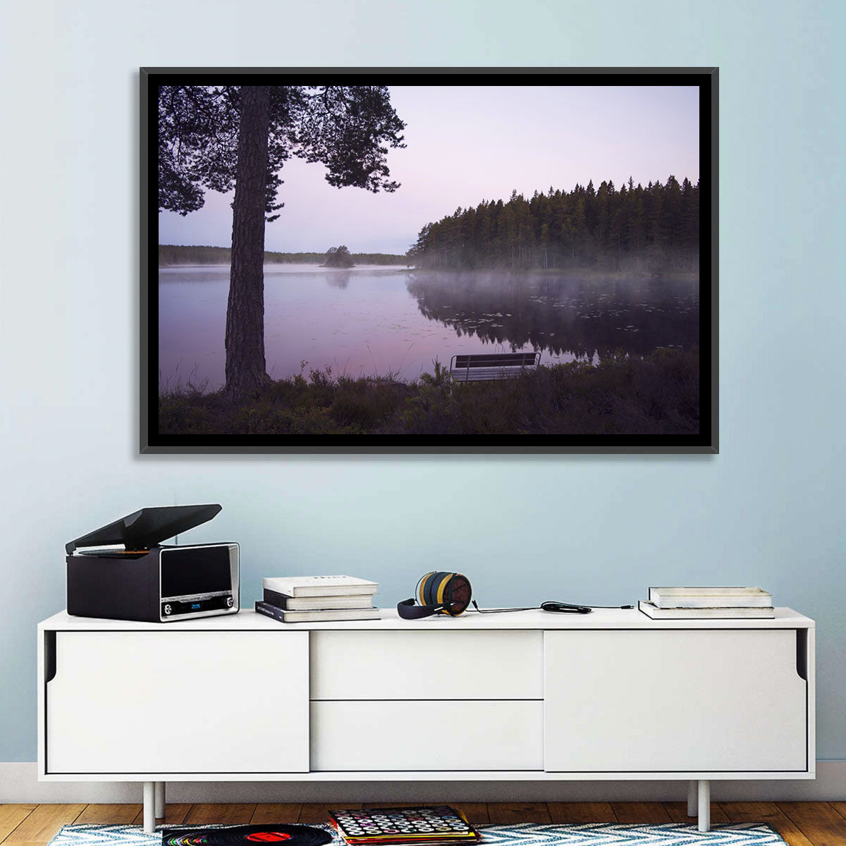 Misty Lake with Bench Wall Art