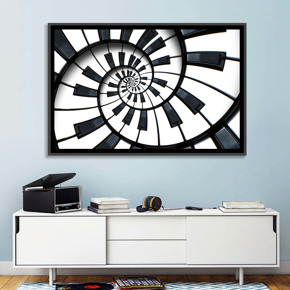 Recursive Spiral Piano Keys Wall Art in a room, landscape