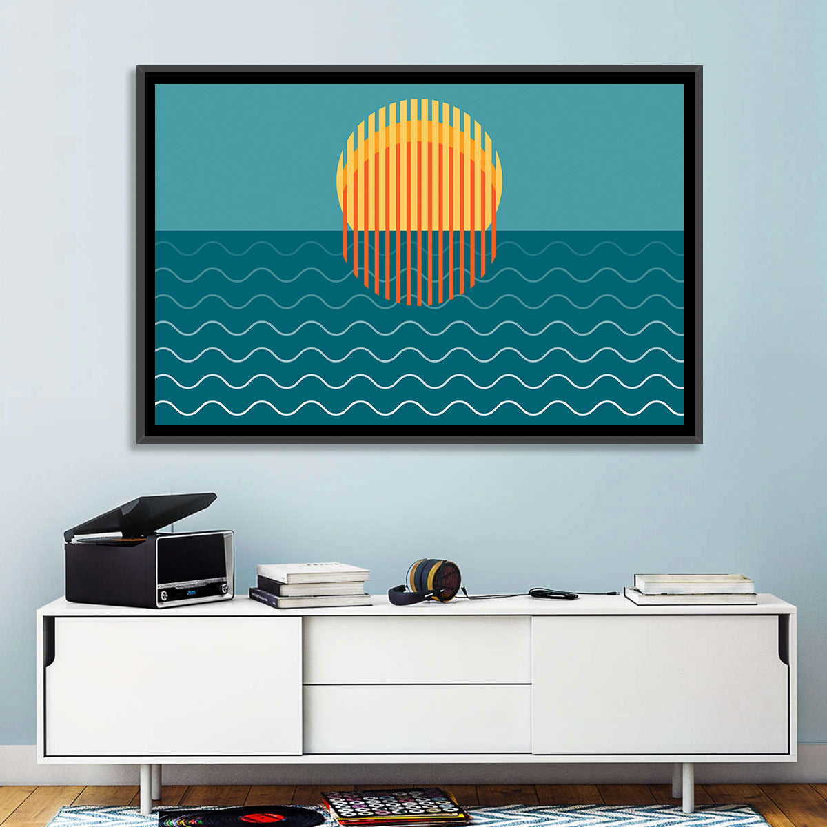 Teal Ocean Sunset Illustration Wall Art in a room, landscape