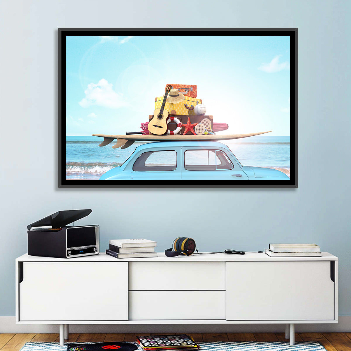 Vintage Car with Surfboard Wall Art