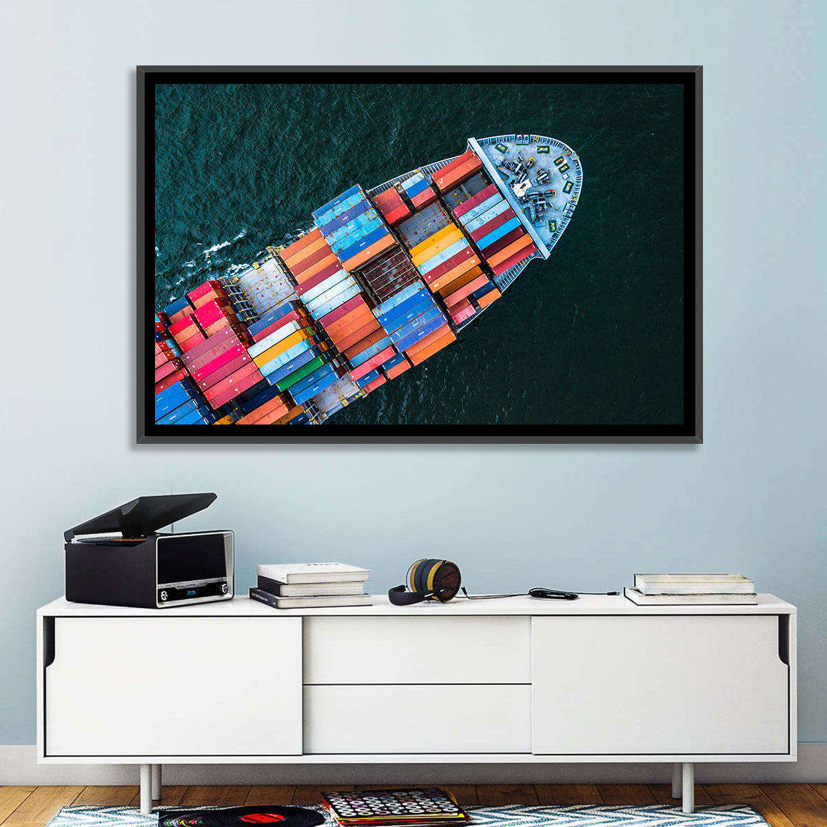 Container Ship Aerial View Wall Art in a room, landscape