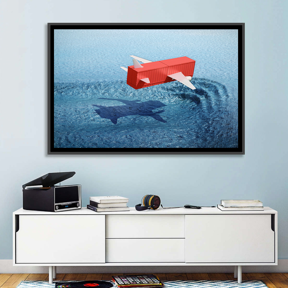 Flying Shipping Container Wall Art in a room, landscape