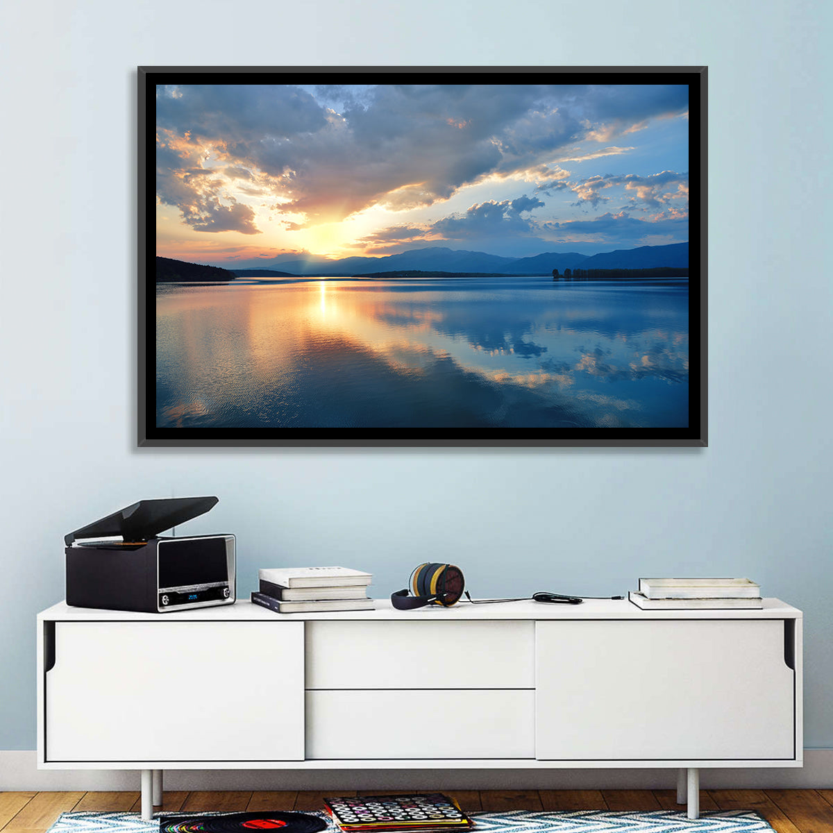 Golden Hour Lake Reflection Wall Art in a room, landscape