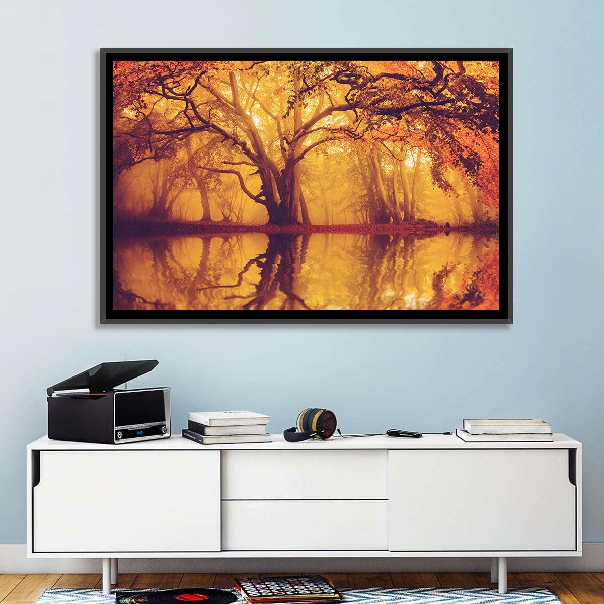 Golden Mist Forest Reflection Wall Art