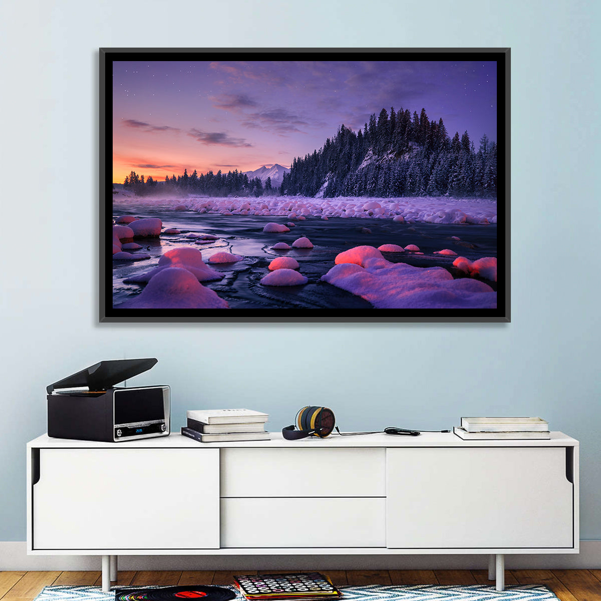 Twilight River and Snowy Pines Wall Art in a room, landscape